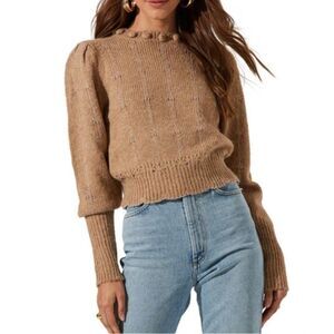 Astr the Label Scallop Hem Pom Pom Biscuit Cable Knit Sweater Stripe Accent, XL